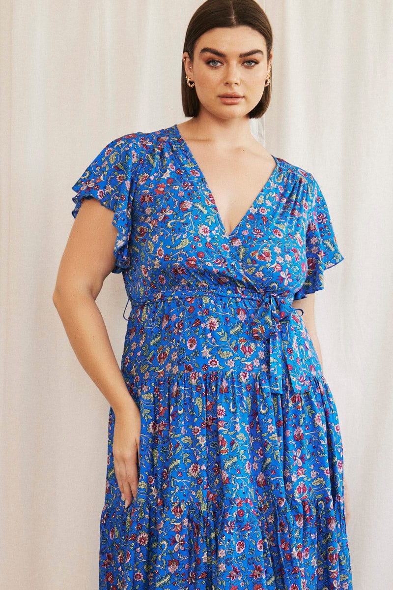 Blue Boho Midi Dress Short Sleeve Wrap Front - Image 2