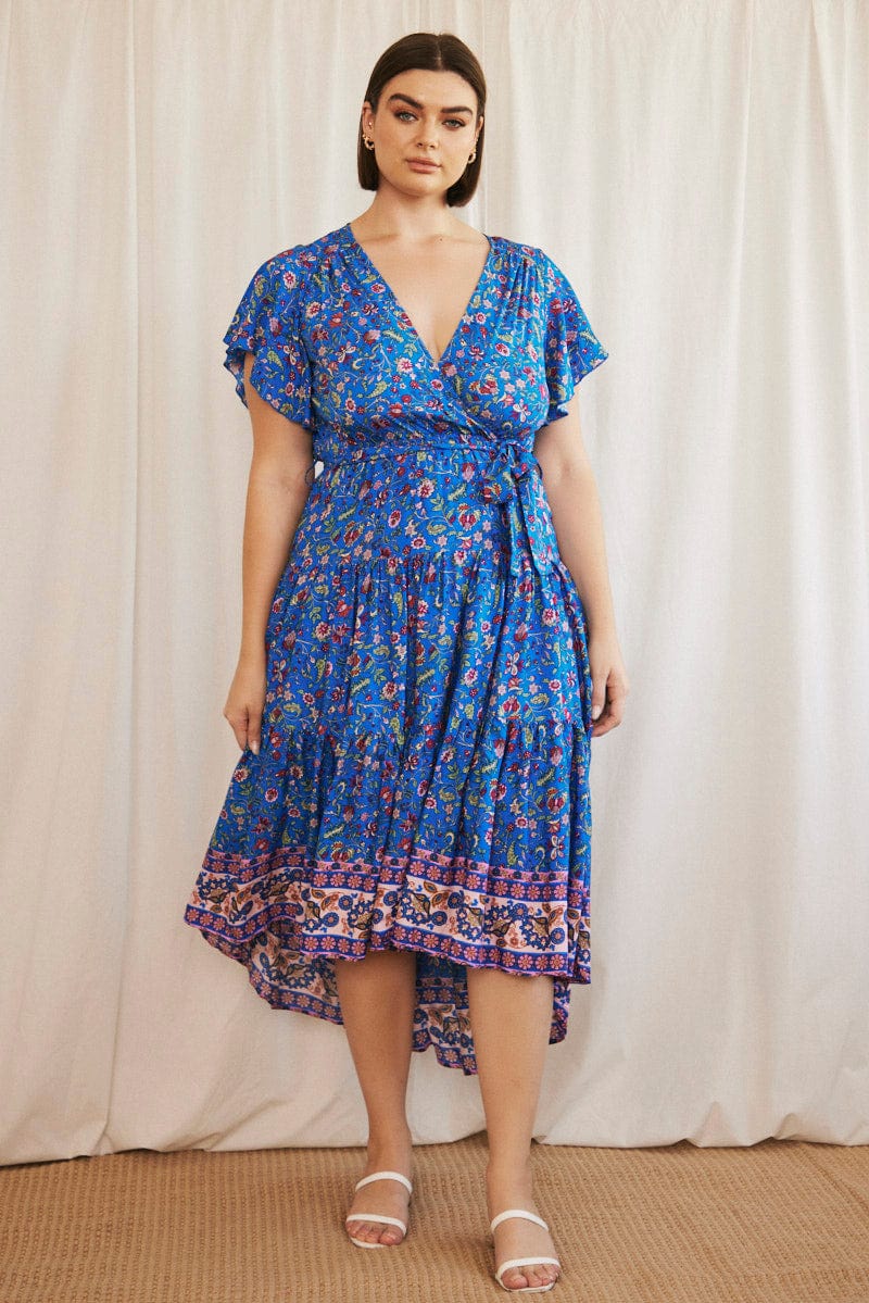 Blue Boho Midi Dress Short Sleeve Wrap Front - Image 3