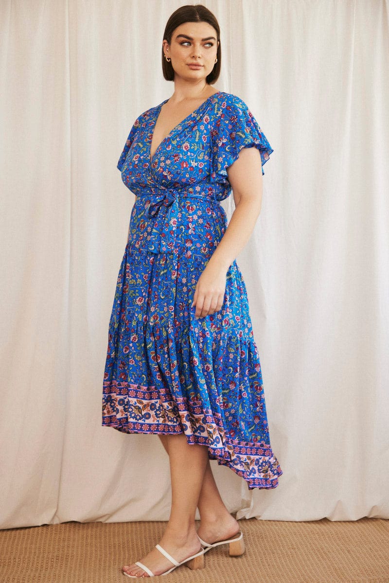 Blue Boho Midi Dress Short Sleeve Wrap Front - Image 4