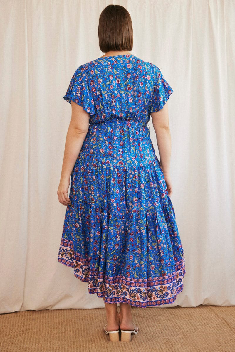 Blue Boho Midi Dress Short Sleeve Wrap Front - Image 5