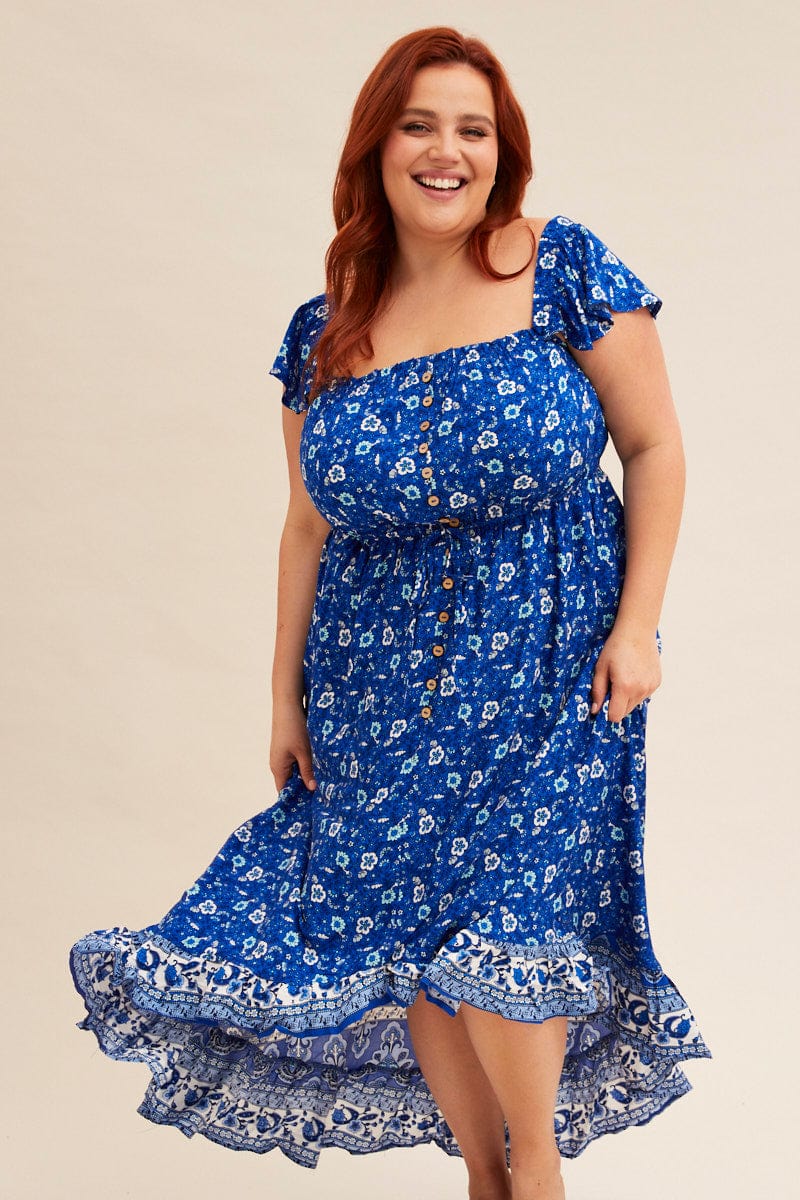 Blue Boho Midi Dress Sort Sleeve Ruffle - Image 2
