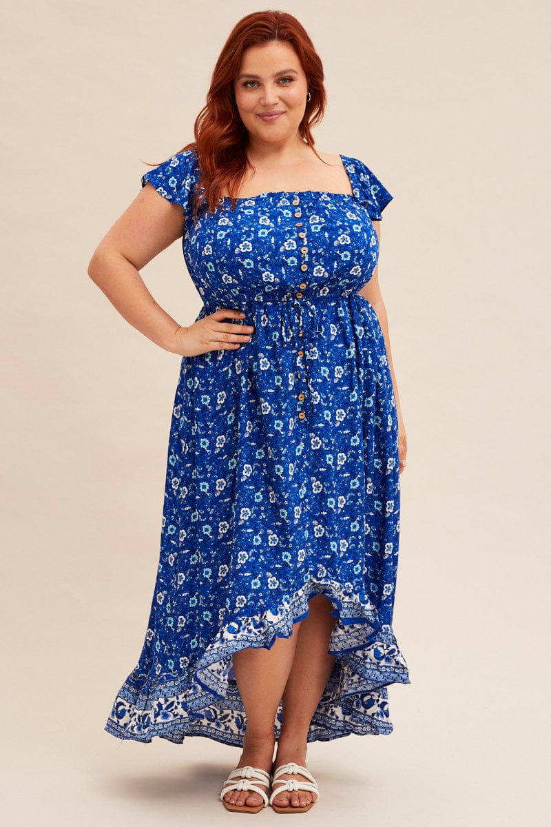 Blue Boho Midi Dress Sort Sleeve Ruffle - Image 3