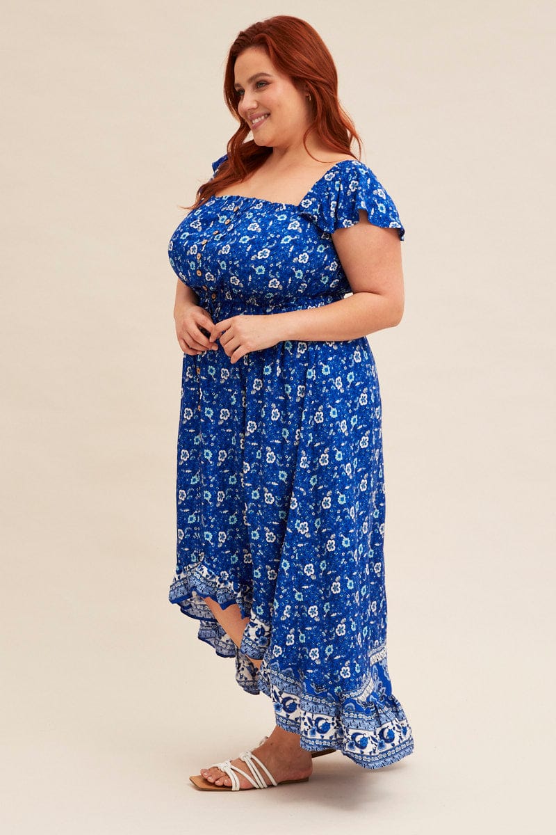 Blue Boho Midi Dress Sort Sleeve Ruffle - Image 4