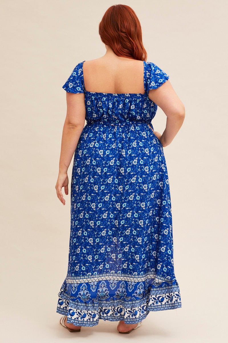 Blue Boho Midi Dress Sort Sleeve Ruffle - Image 5