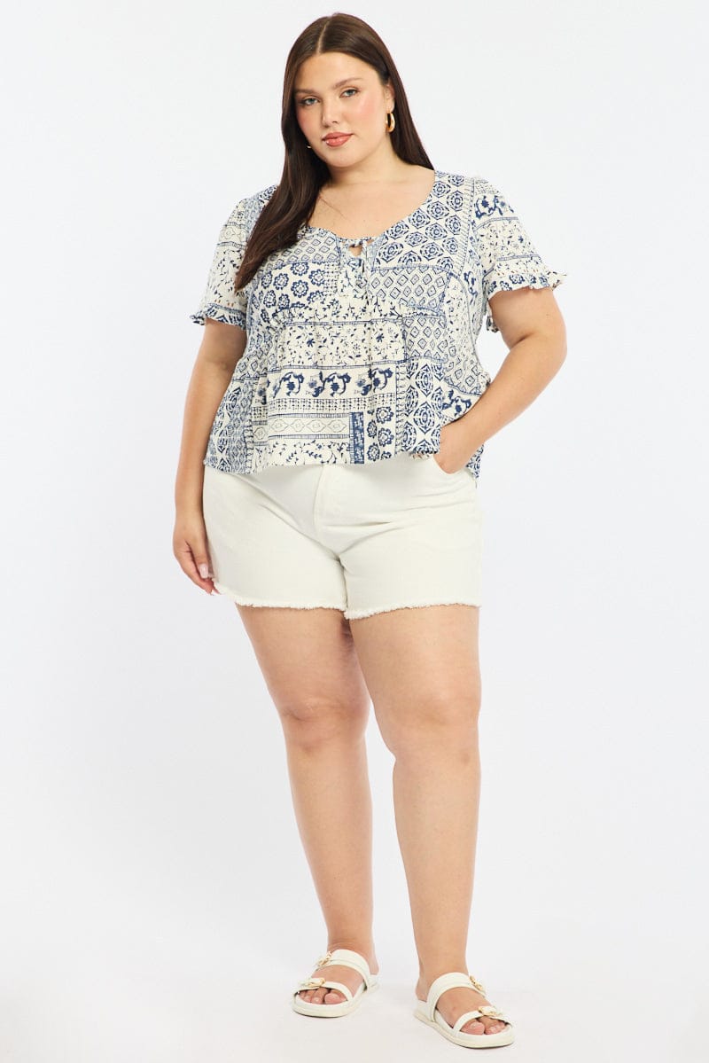 Blue Boho Smock Top Short Sleeve Linen Blend - Image 2