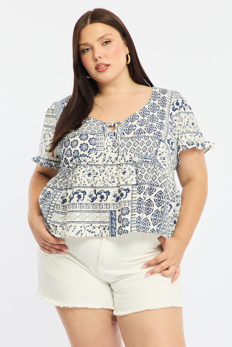Blue Boho Smock Top Short Sleeve Linen Blend - Image 3