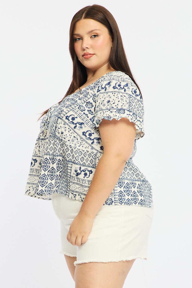 Blue Boho Smock Top Short Sleeve Linen Blend - Image 4