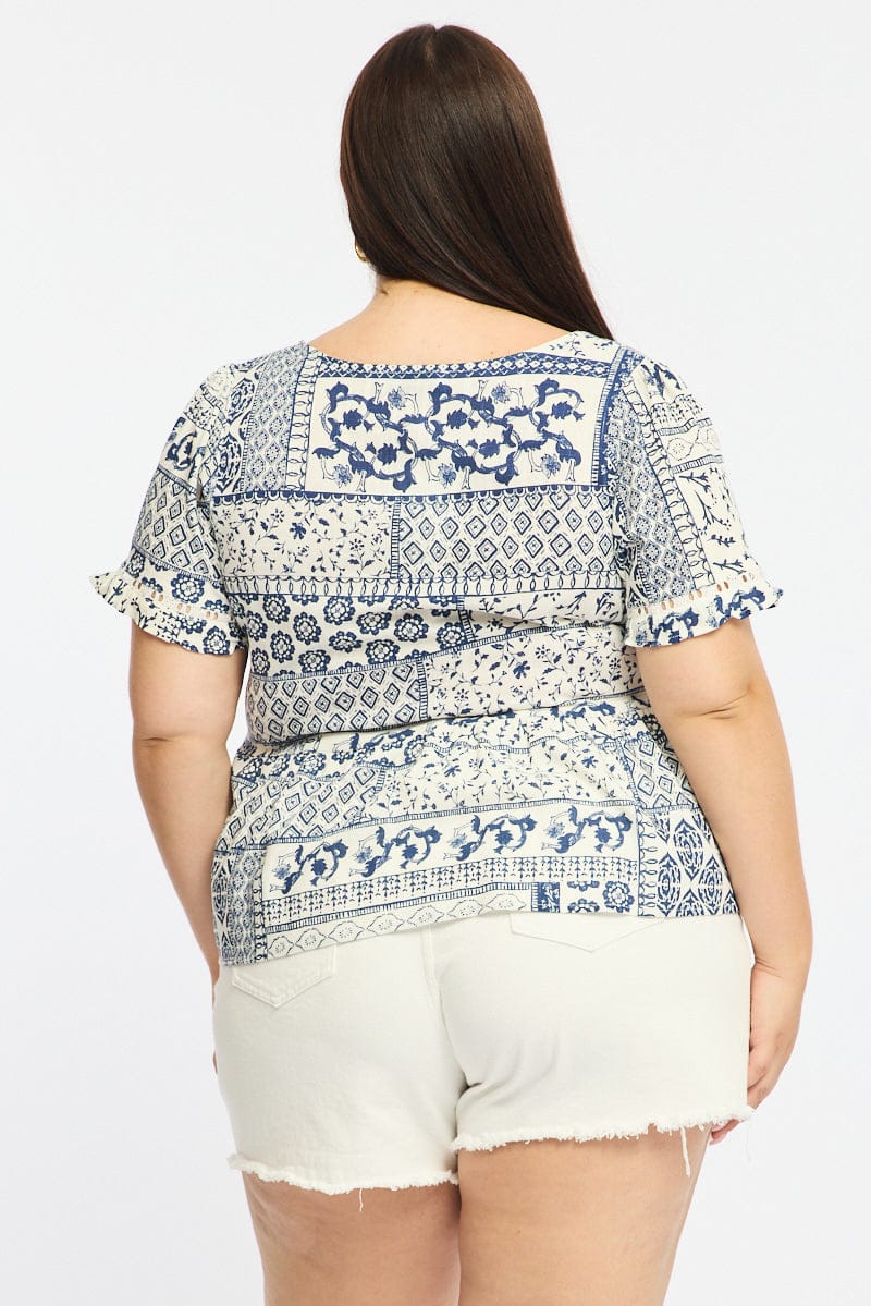 Blue Boho Smock Top Short Sleeve Linen Blend - Image 5