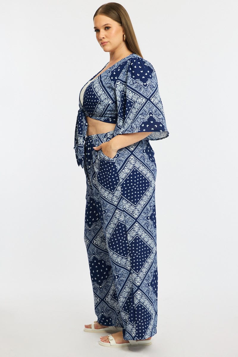 Blue Boho Wide Leg Pants Elastic Waist - Image 4