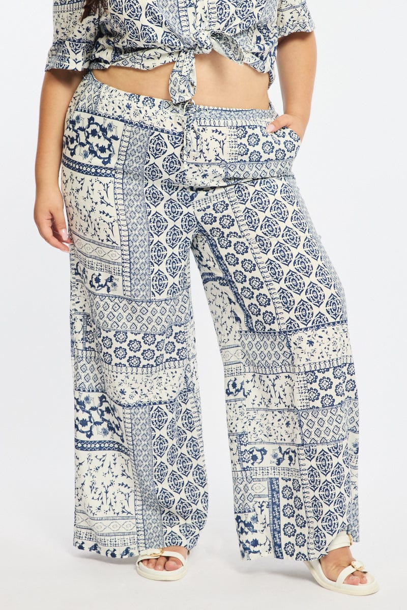 Blue Boho Wide Leg Pants Linen Blend - Image 2
