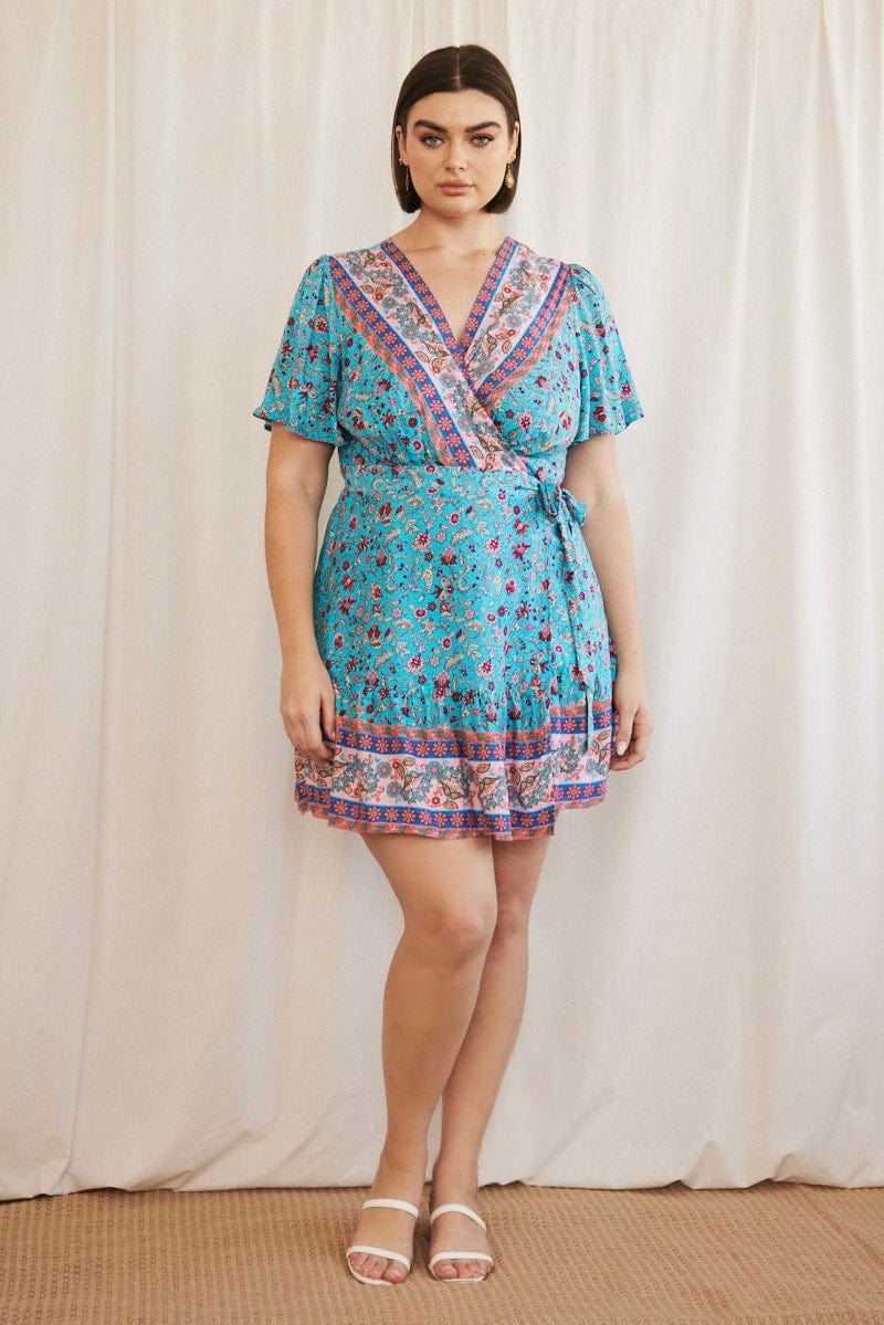 Blue Boho Wrap Dress Short Sleeve V-neck - Image 2