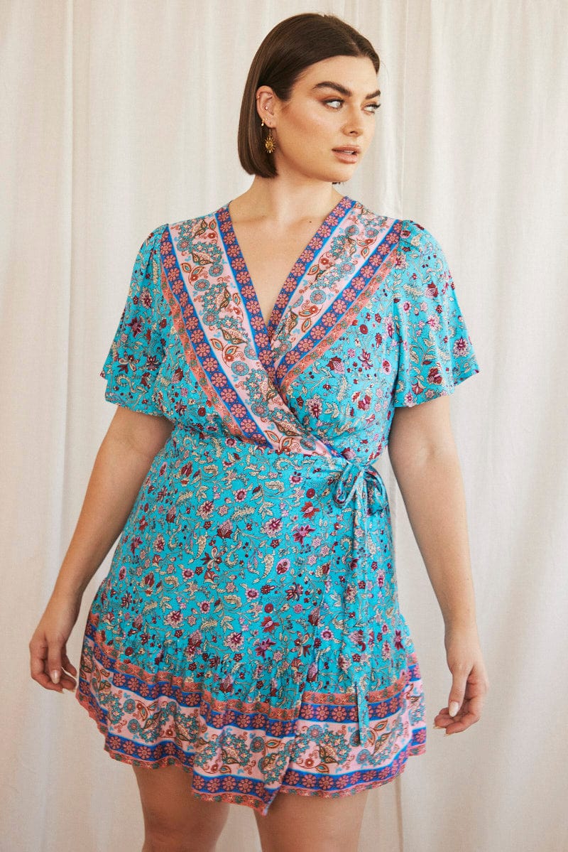 Blue Boho Wrap Dress Short Sleeve V-neck - Image 3