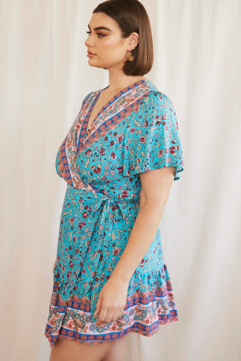 Blue Boho Wrap Dress Short Sleeve V-neck - Image 4