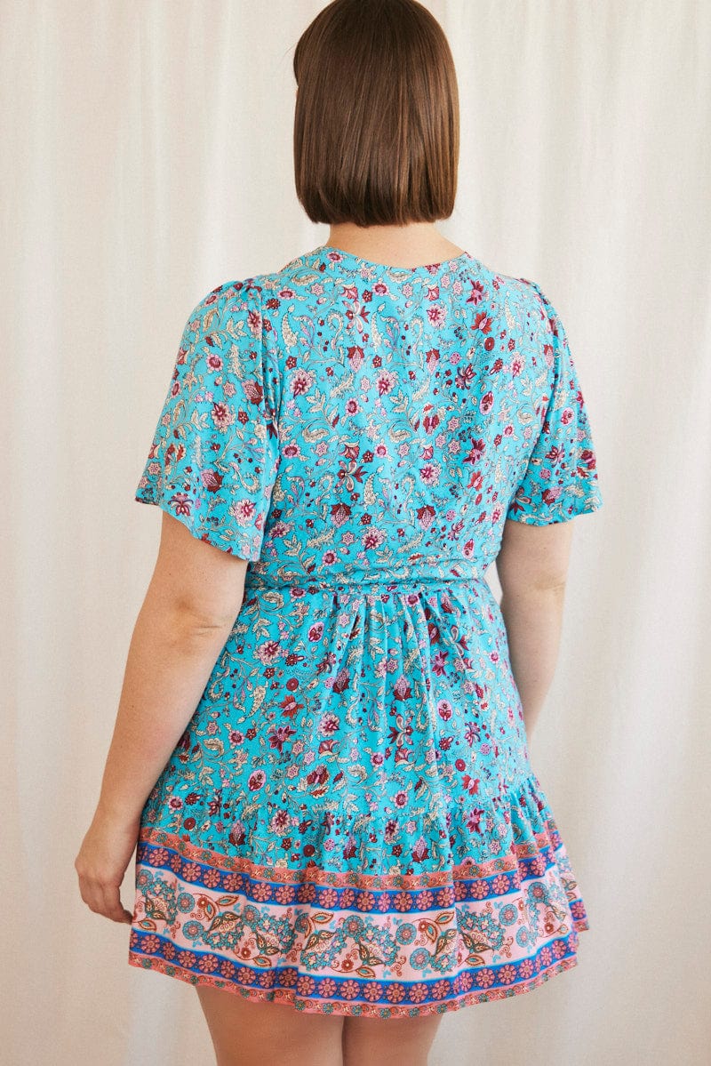 Blue Boho Wrap Dress Short Sleeve V-neck - Image 5