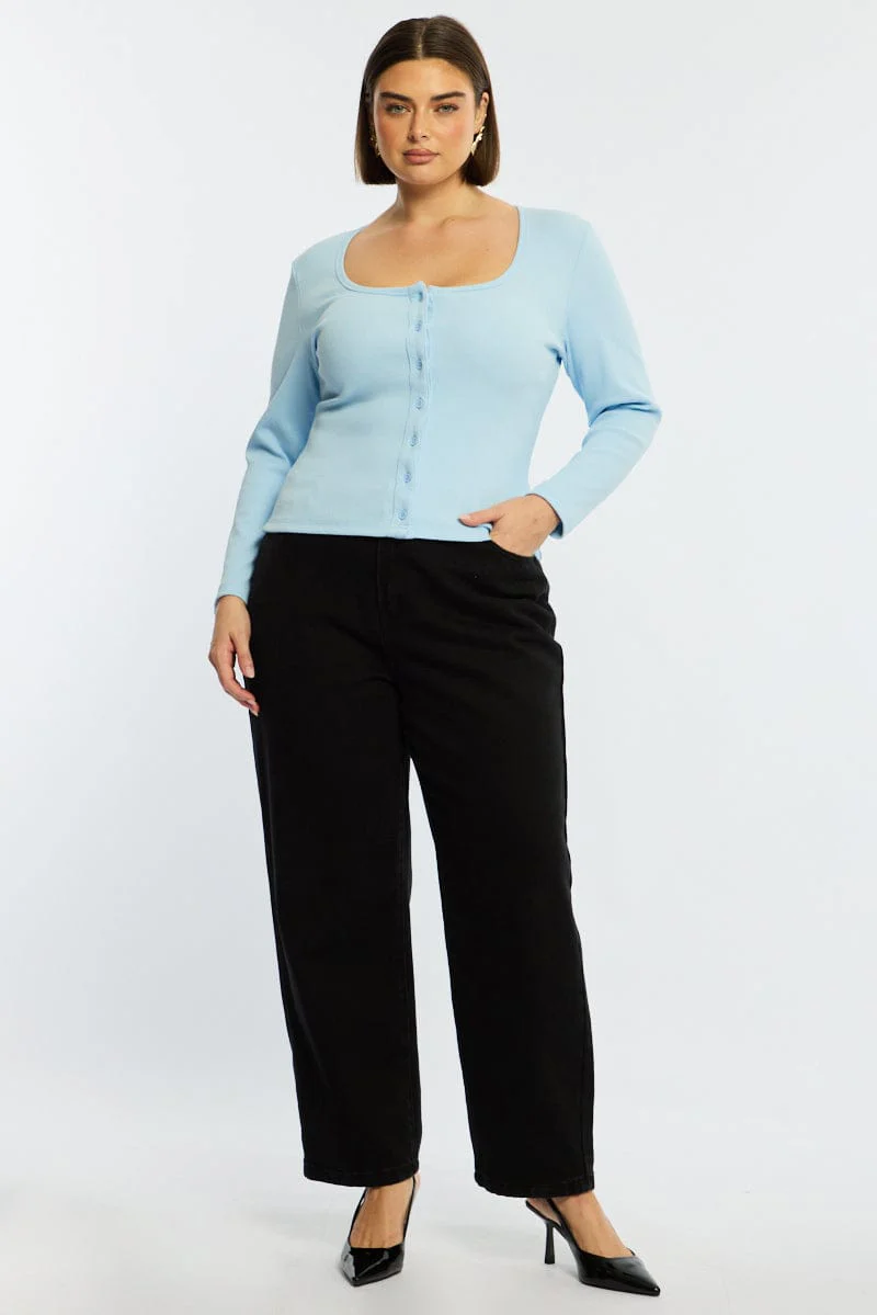 Blue Button Front Top Long Sleeve Rib - Image 2