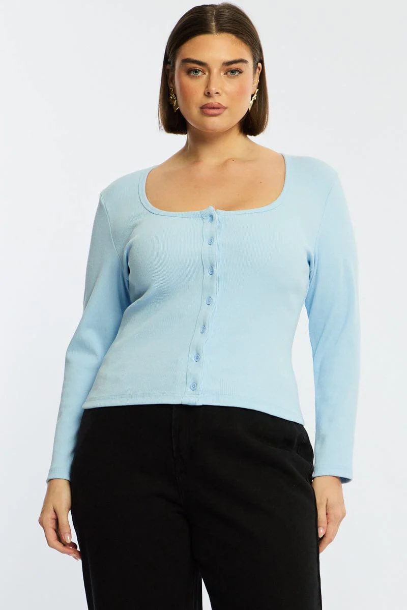 Blue Button Front Top Long Sleeve Rib - Image 3