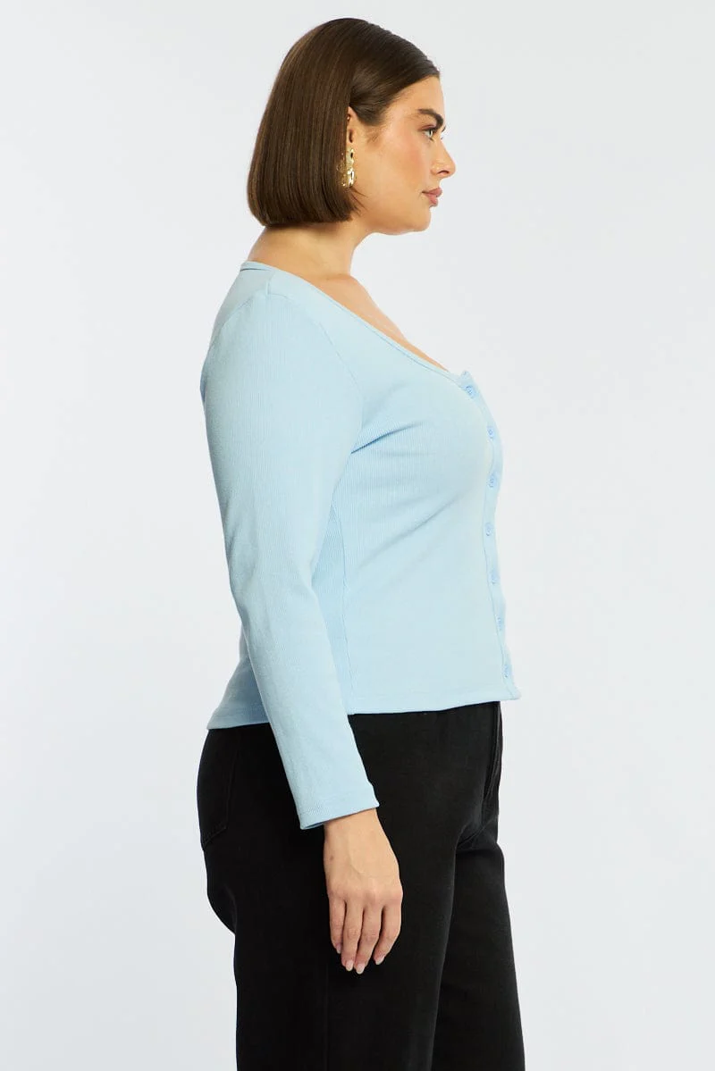 Blue Button Front Top Long Sleeve Rib - Image 4