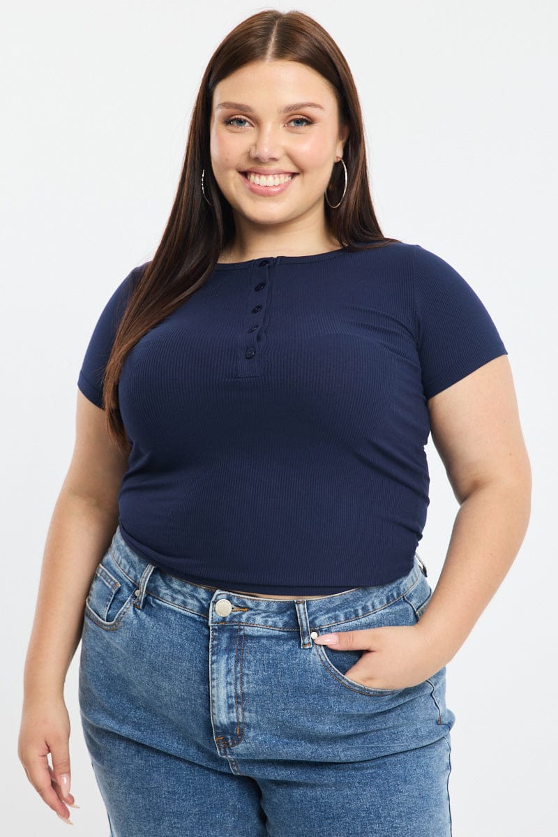 Blue Button Front Top Short Sleeve Rib - Image 2