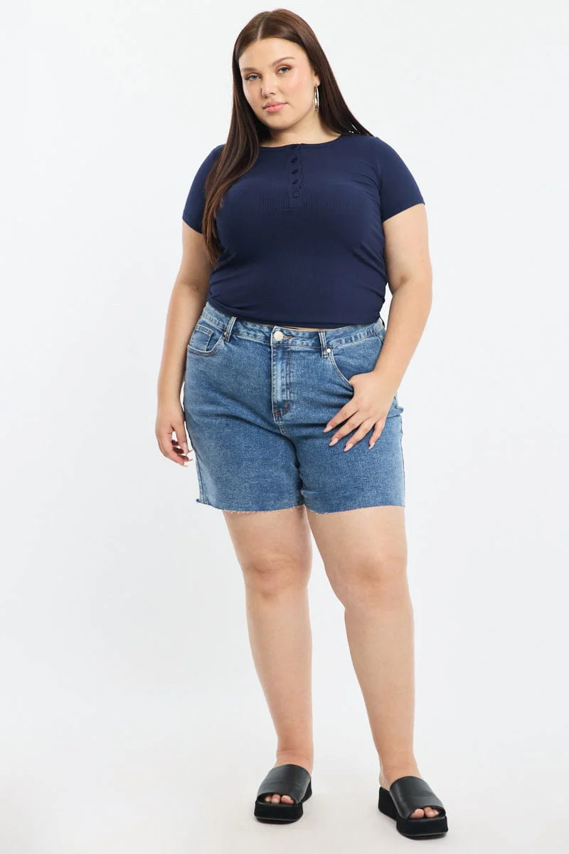Blue Button Front Top Short Sleeve Rib - Image 3