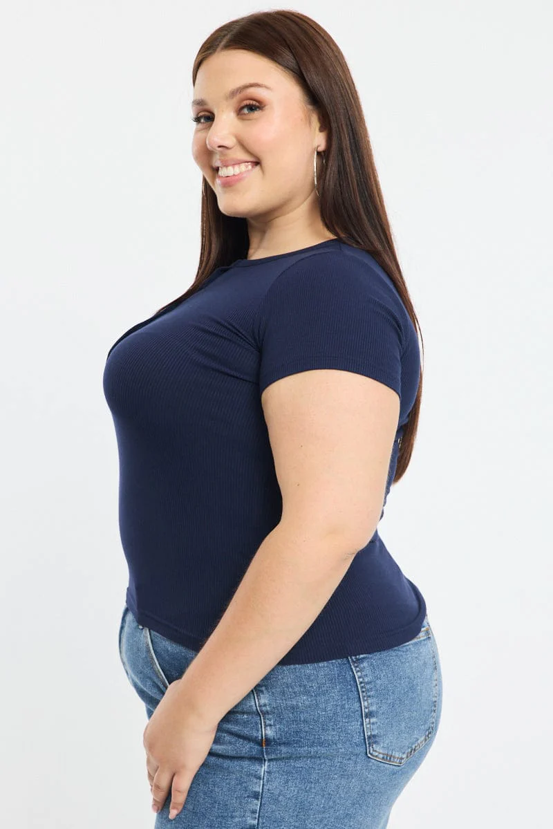 Blue Button Front Top Short Sleeve Rib - Image 4