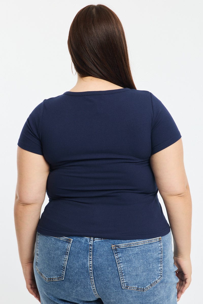 Blue Button Front Top Short Sleeve Rib - Image 5