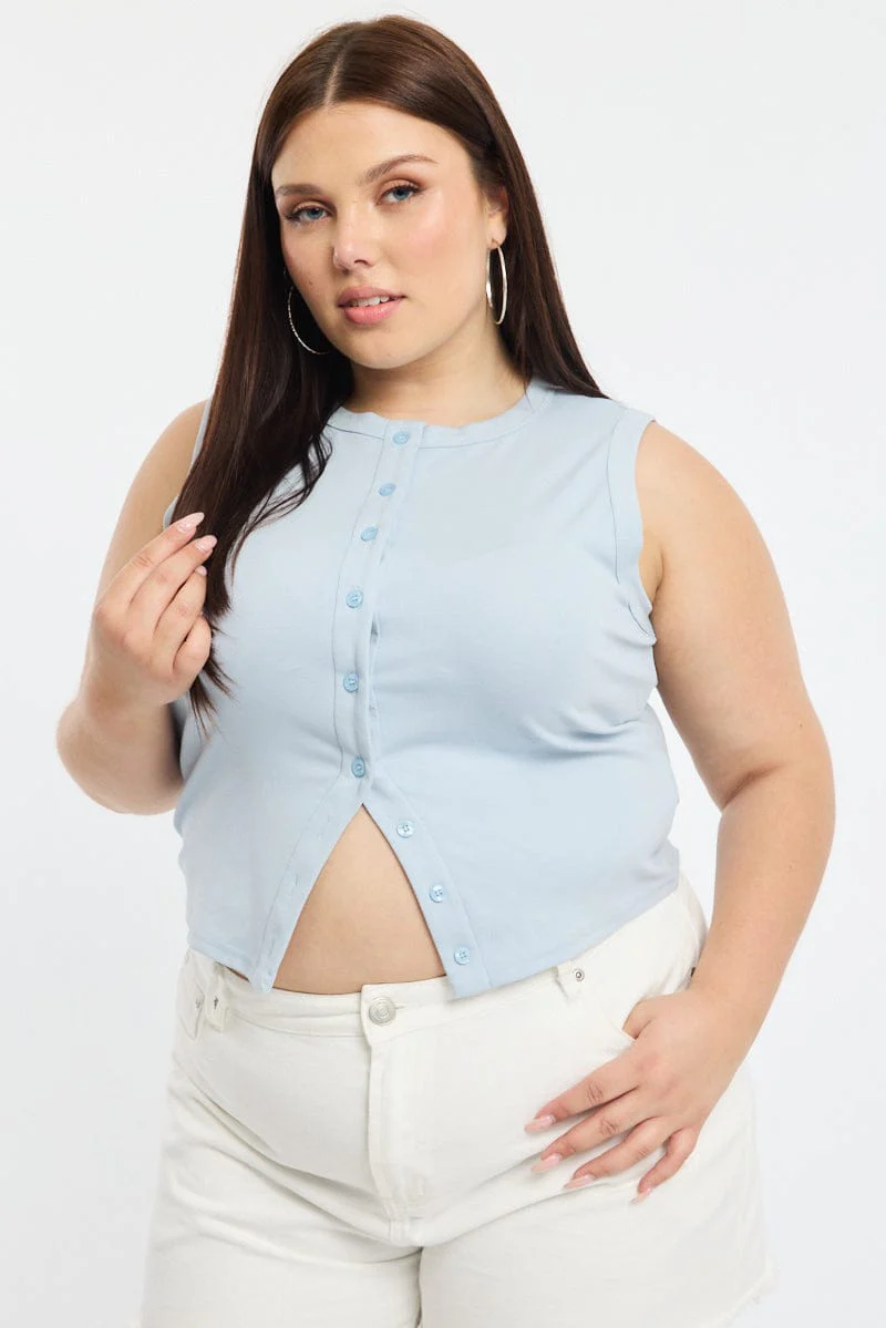 Blue Button Front Top Sleeveless
