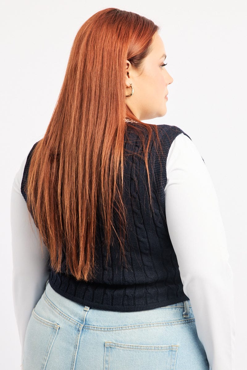 Blue Cable Knit Vest V-neck - Image 3