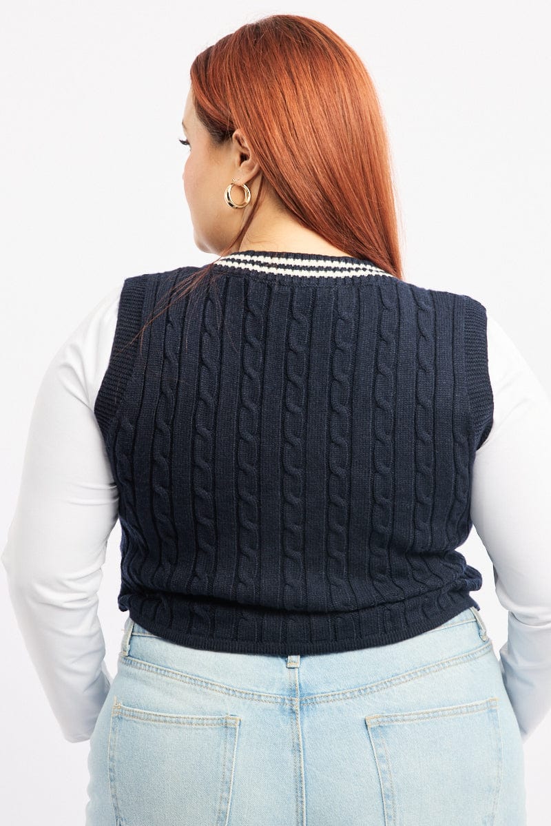 Blue Cable Knit Vest V-neck - Image 4