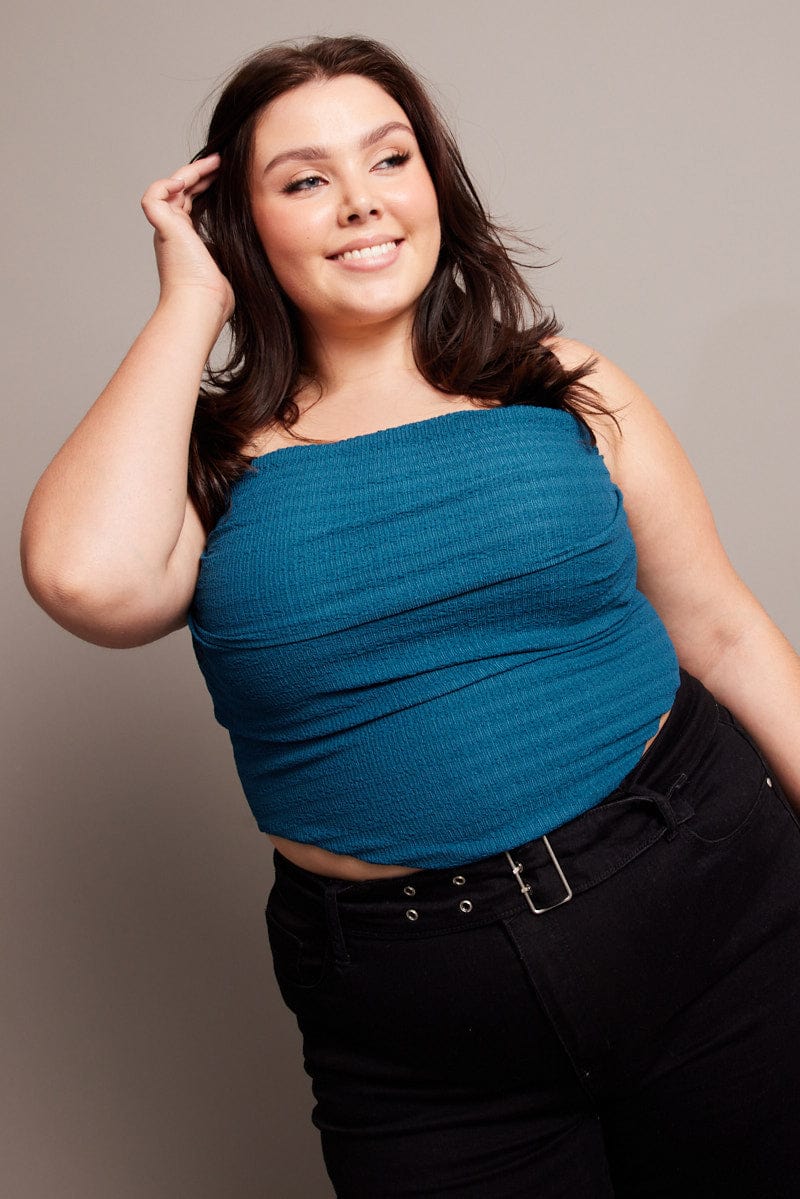 Blue Cami Top Sleeveless Cowl Neck Textured - Image 3