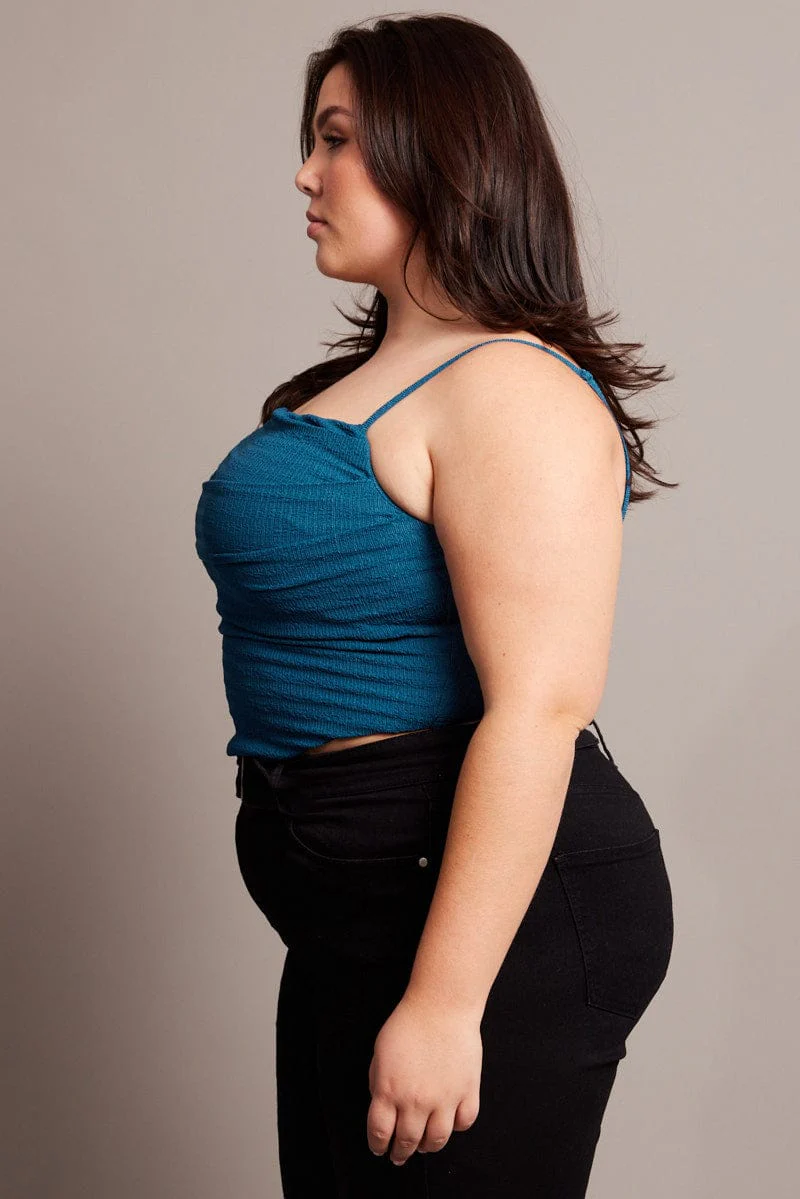 Blue Cami Top Sleeveless Cowl Neck Textured - Image 4
