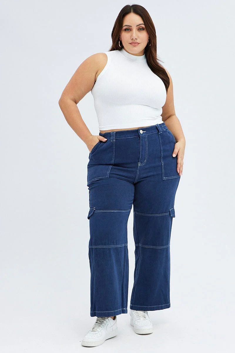 Blue Cargo Denim Jeans High Rise - Image 3