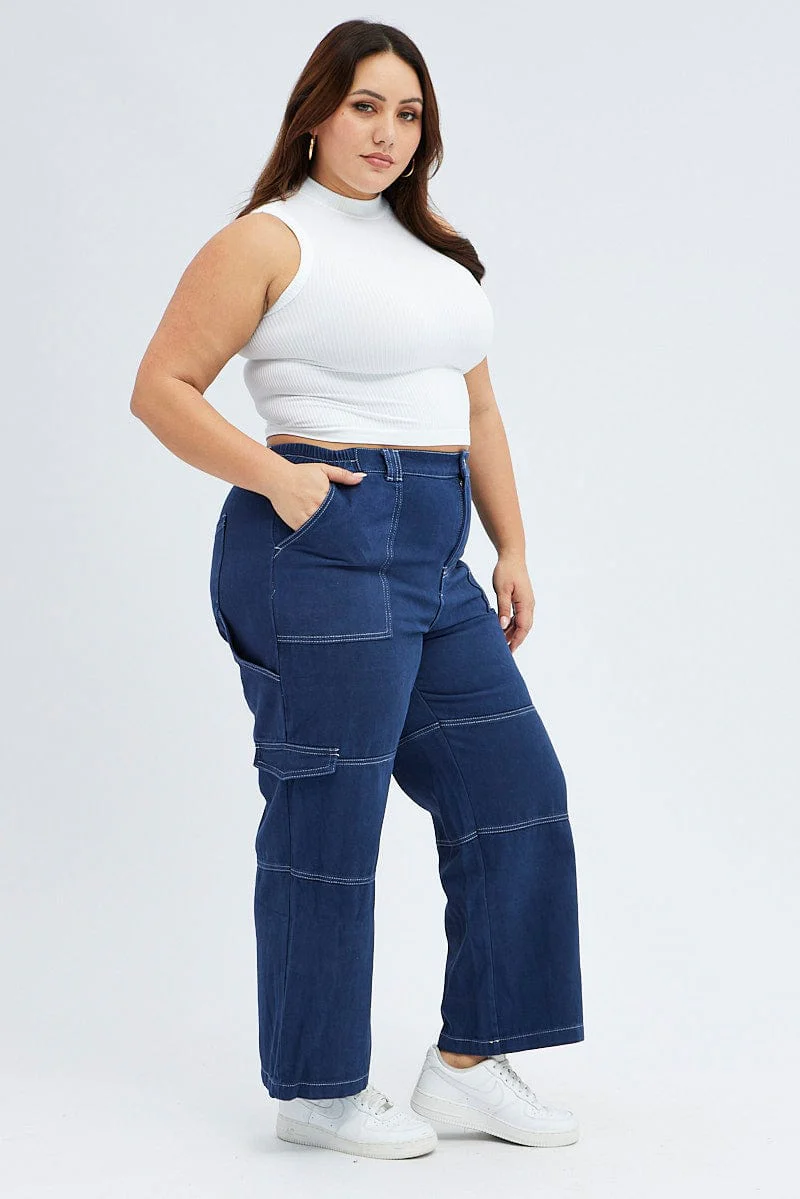 Blue Cargo Denim Jeans High Rise - Image 4
