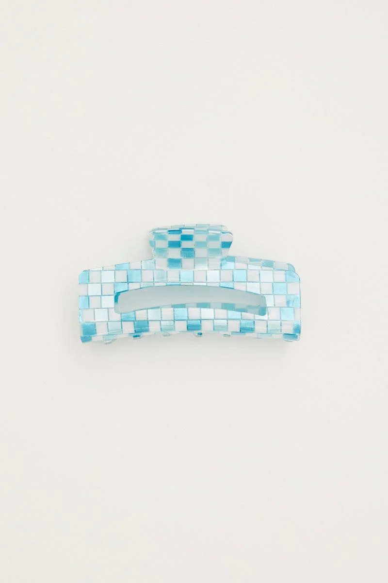 Blue Check Claw Clip