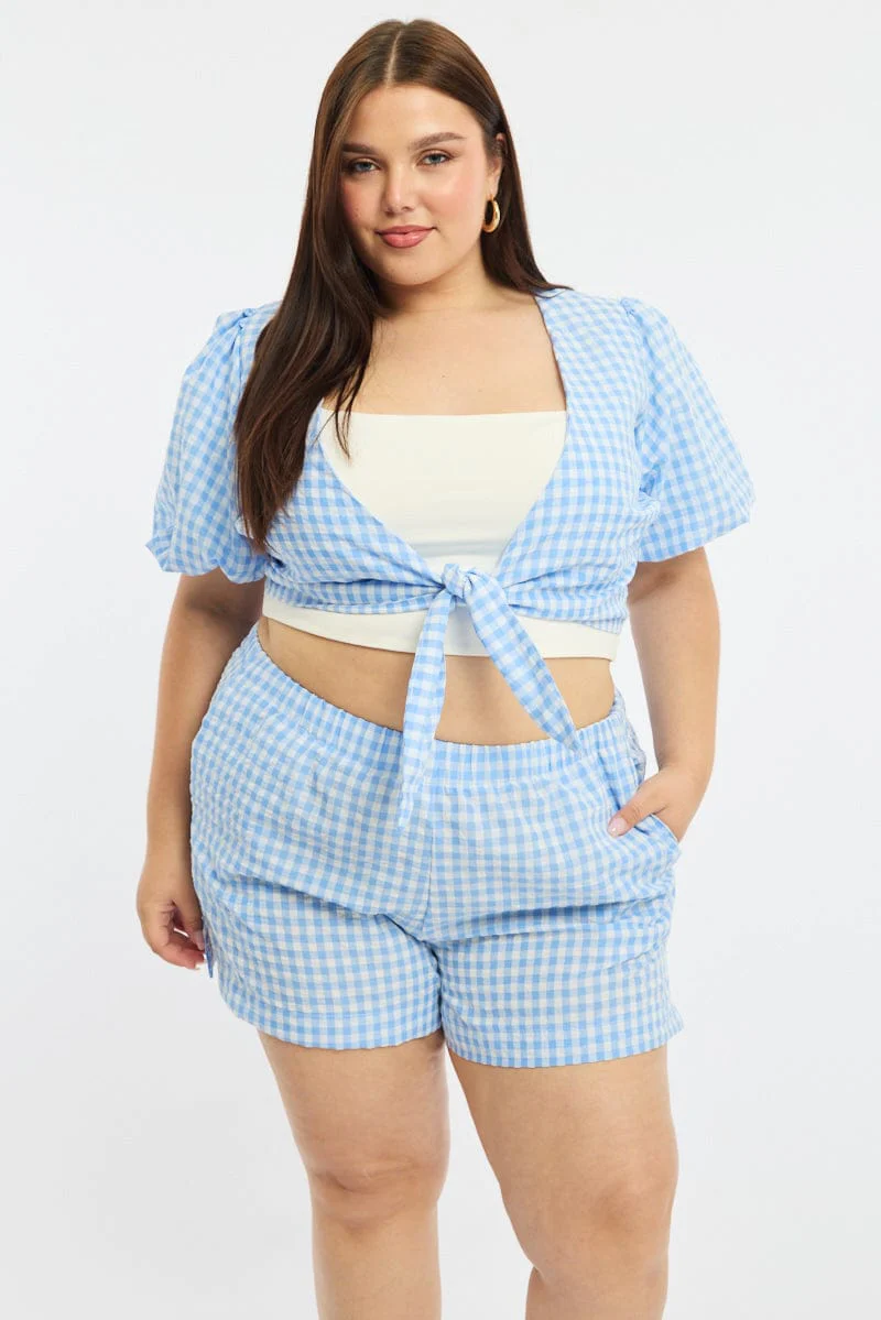 Blue Check Elastic Waist Shorts
