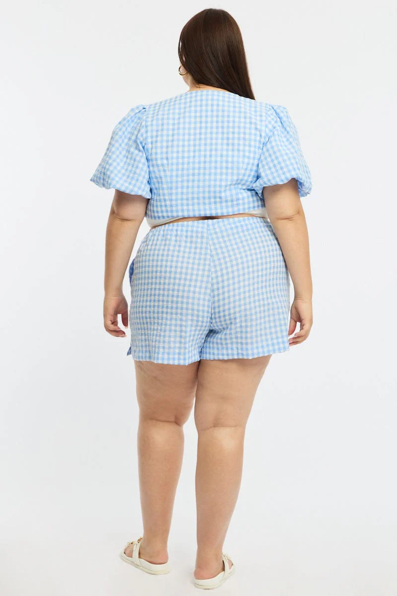 Blue Check Elastic Waist Shorts - Image 5