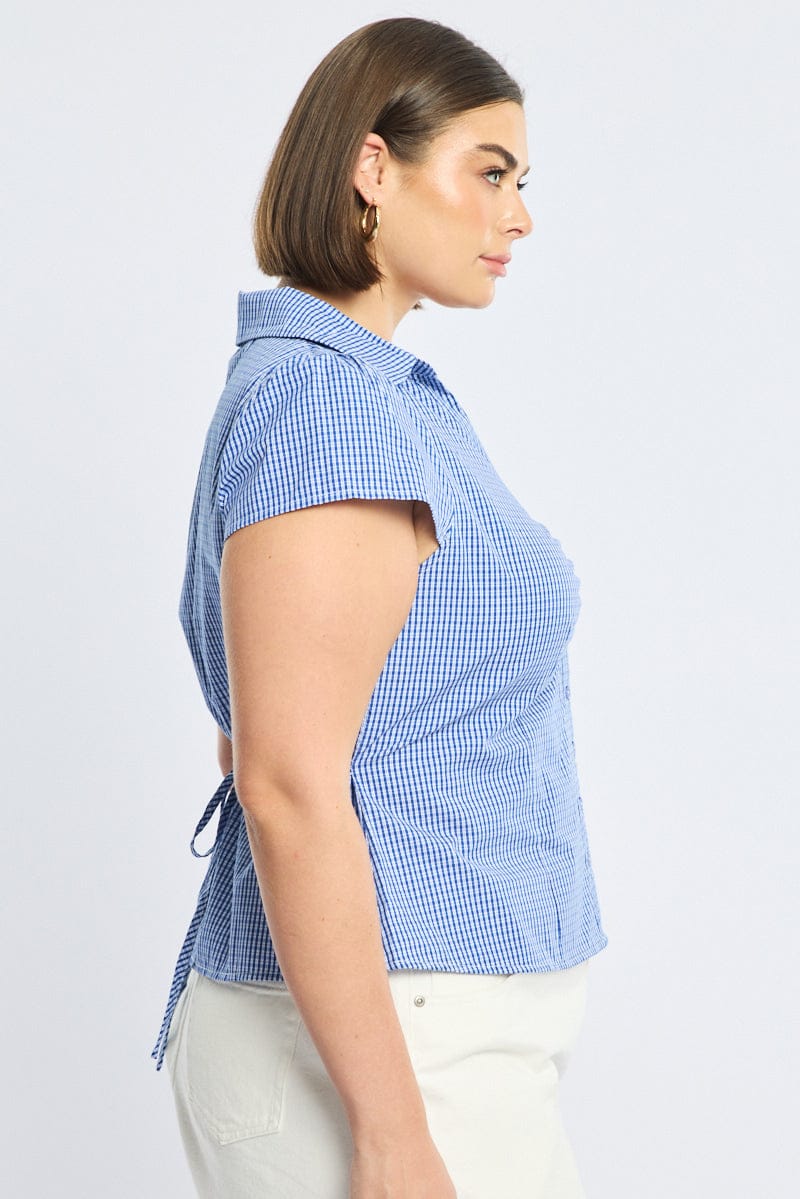 Blue Check Fitted Shirt Short Sleeve - Image 3