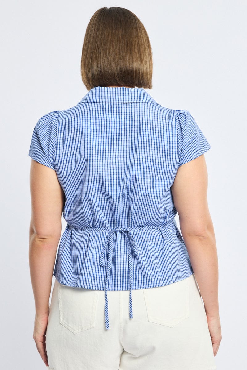 Blue Check Fitted Shirt Short Sleeve - Image 4