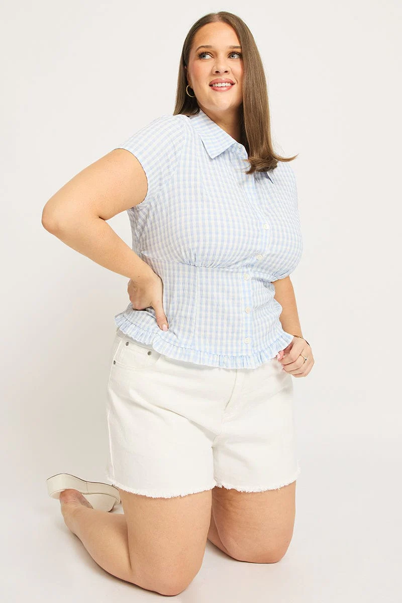 Blue Check Fitted Shirt Short Sleeve Shirred Back