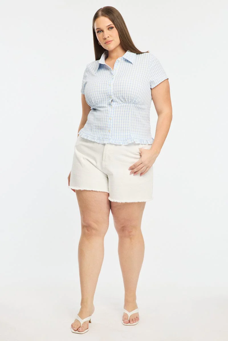 Blue Check Fitted Shirt Short Sleeve Shirred Back - Image 3