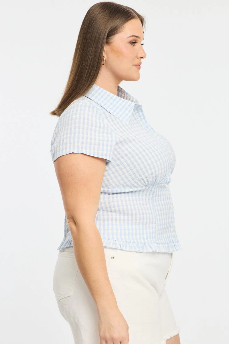Blue Check Fitted Shirt Short Sleeve Shirred Back - Image 4