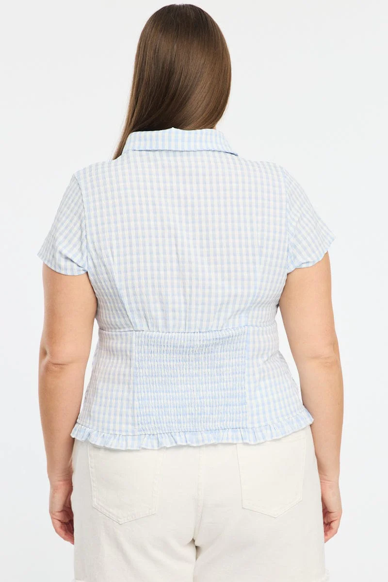 Blue Check Fitted Shirt Short Sleeve Shirred Back - Image 5