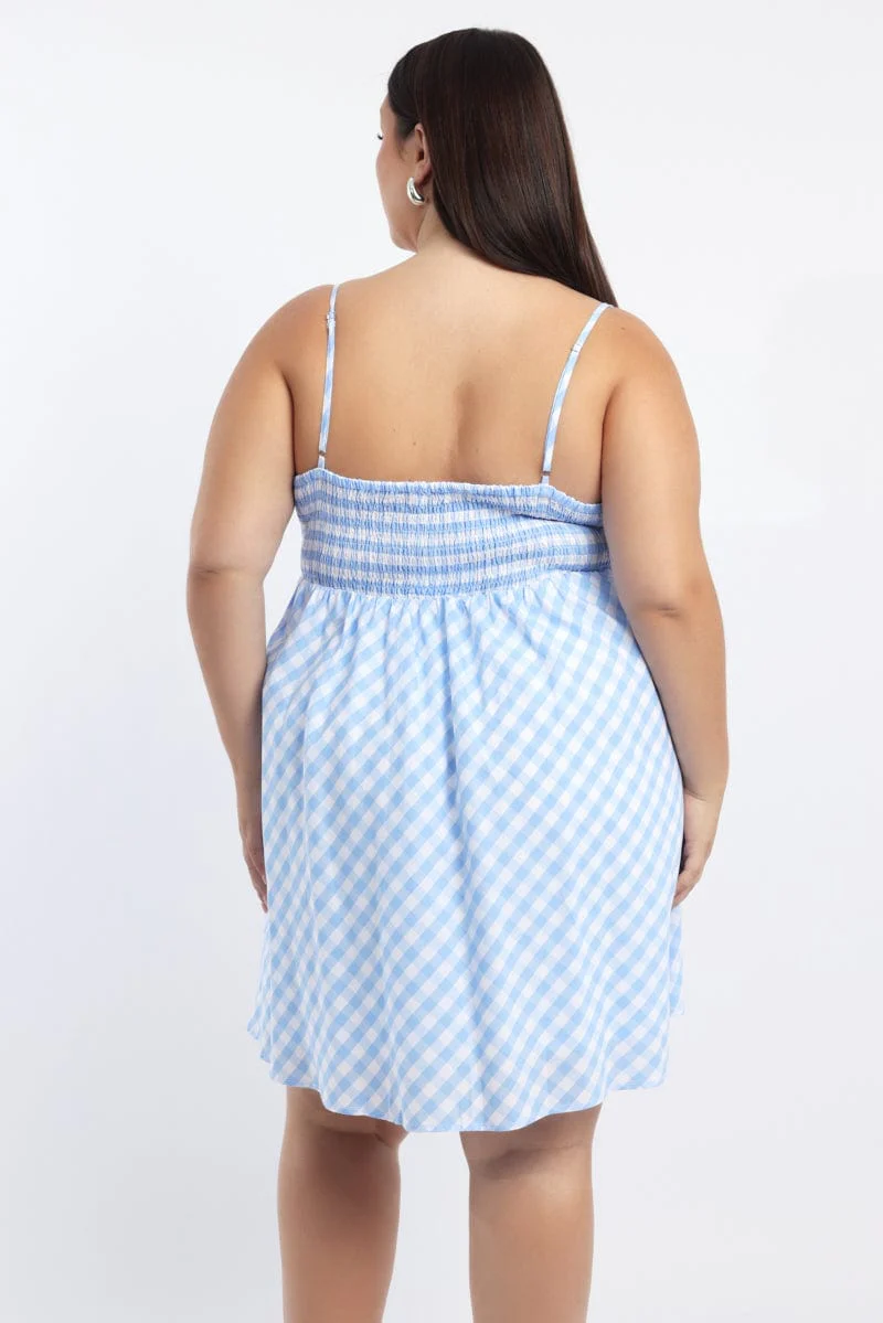 Blue Check Gingham Gather Bust Mini Dress - Image 4