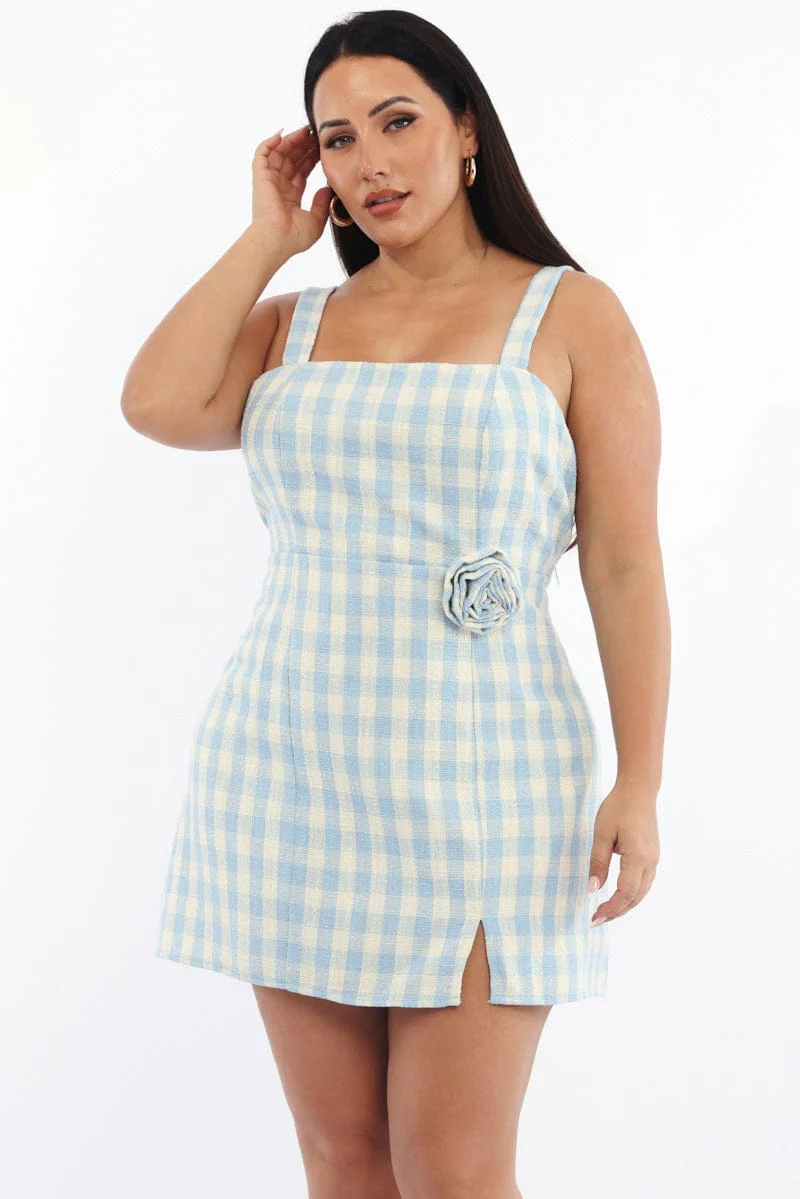 Blue Check Mini Dress Sleeveless Rosette Detail