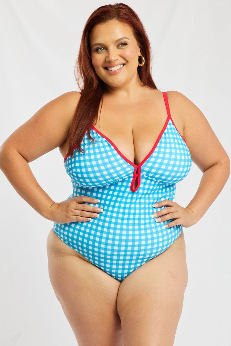 Blue Check One Piece Swimsuit