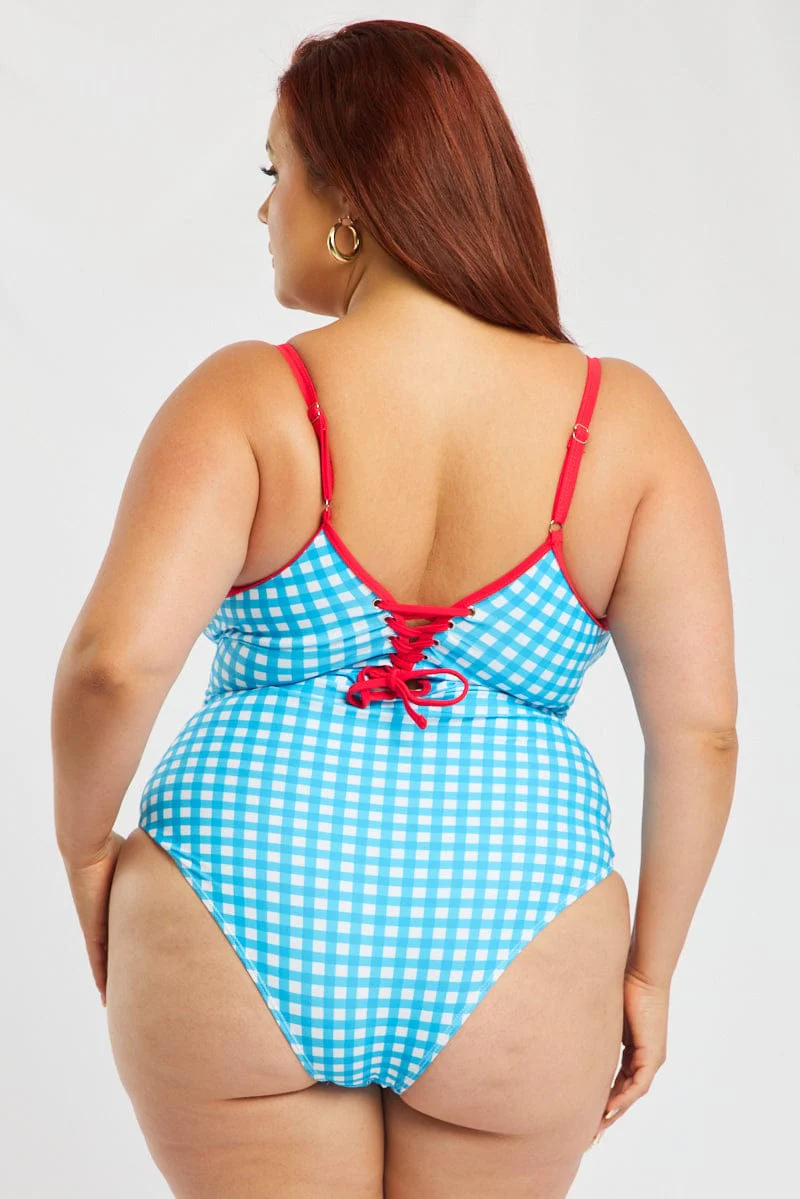 Blue Check One Piece Swimsuit - Image 4