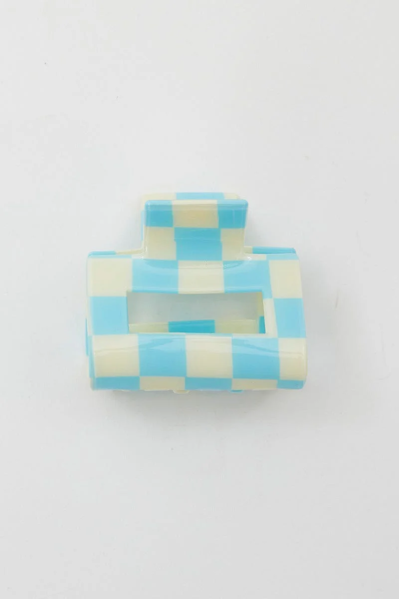 Blue Check Print Hair Claw