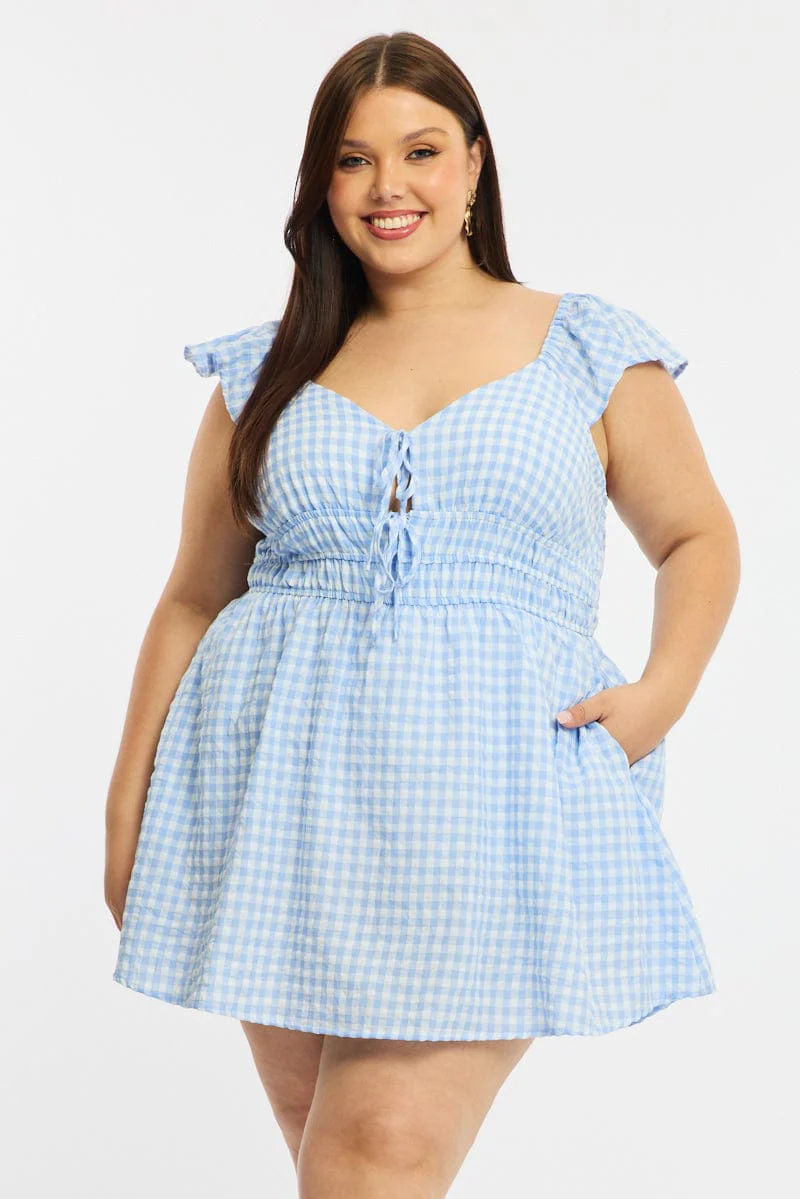 Blue Check Skater Dress Short Sleeve