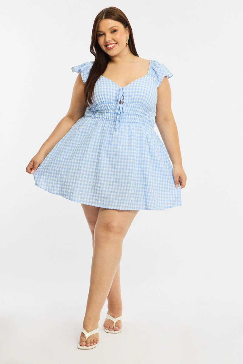 Blue Check Skater Dress Short Sleeve - Image 2