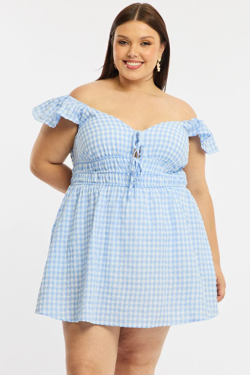 Blue Check Skater Dress Short Sleeve - Image 3
