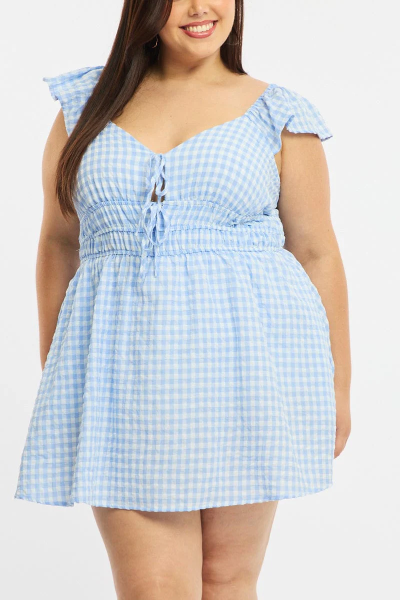 Blue Check Skater Dress Short Sleeve - Image 6